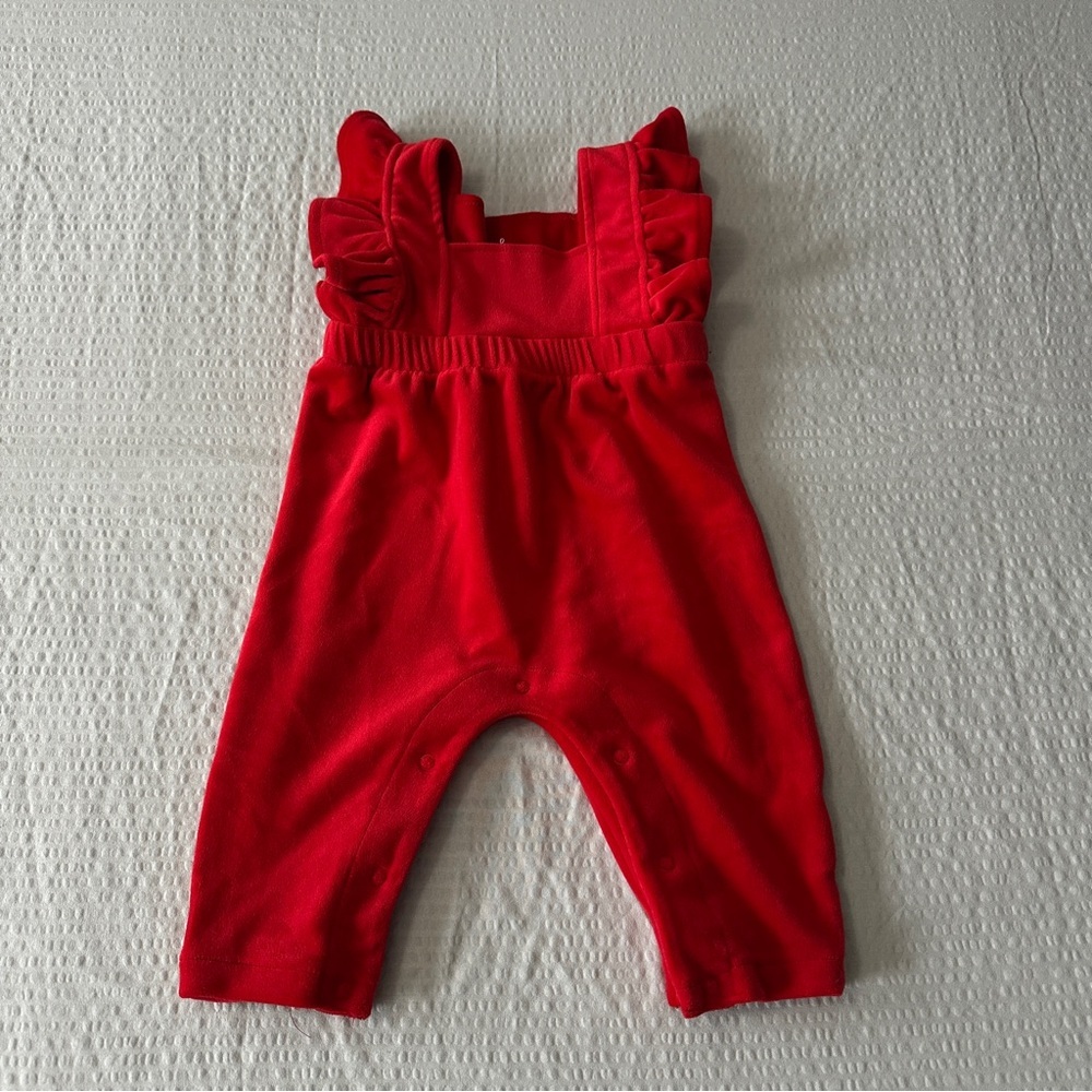 Baby Girl Red Velour Ruffle Romper Overalls Christmas Holiday Jumpsuit Sz 3-6mos